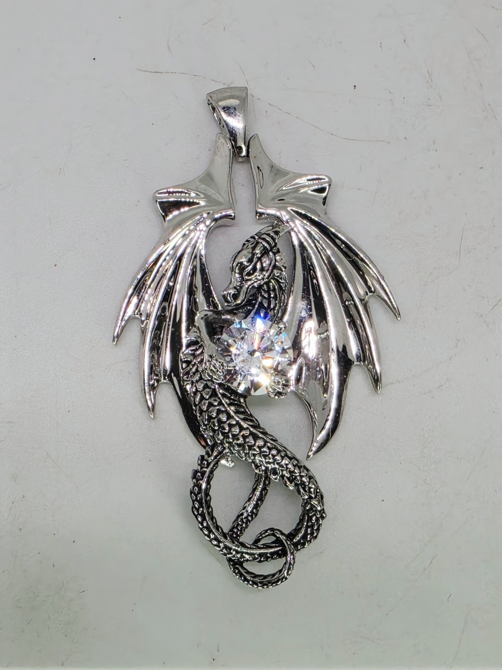 Carved 3D Mythical Dragon Crystal Pendant Silver Tone BGE For Necklace Fantasy